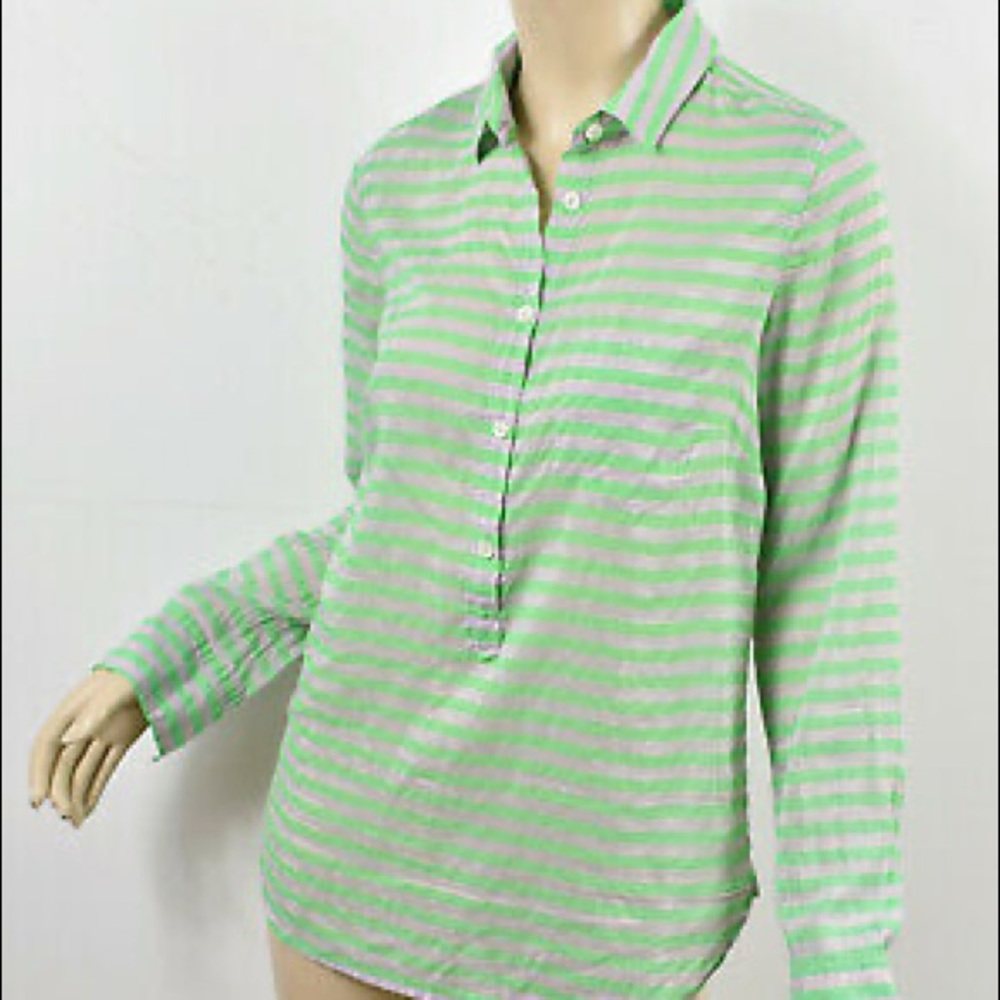 JCrew green and gray stripe thin popover shirt.